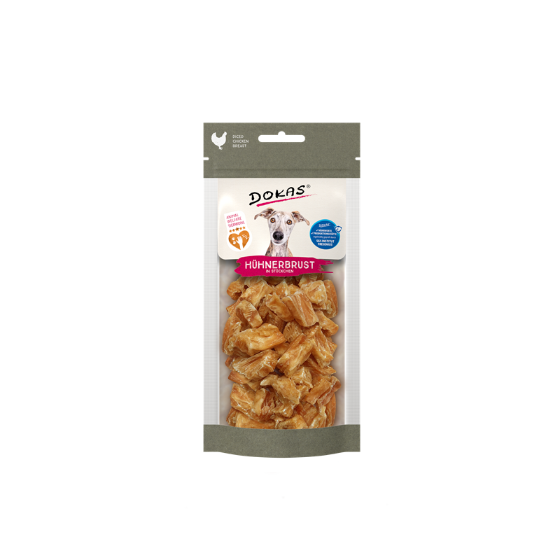 Produktbild für Dokas Dog Snack Hühnerbrust in Stücken 50g - welfare chicken Beutel