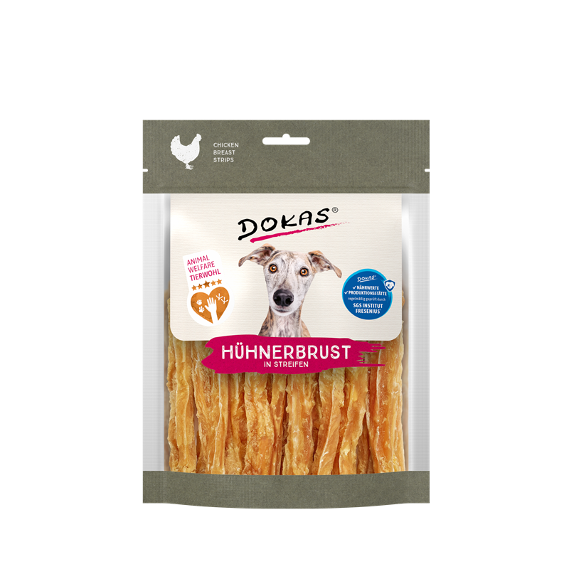 Produktbild für Dokas Dog Snack Hühnerbrust in Streifen 170g - welfare chicken Beutel