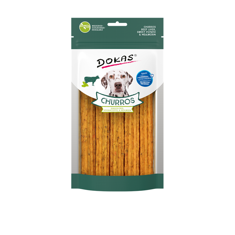 Produktbild für Dokas Dog Snack Churros mit Rinderleber, Süsskartoffel & Mehlwurm 150g Beutel